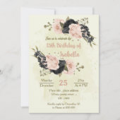 黒い赤面ピンクの花の植物誕生日 招待状 (正面)