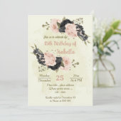 黒い赤面ピンクの花の植物誕生日 招待状 (スタンド正面)