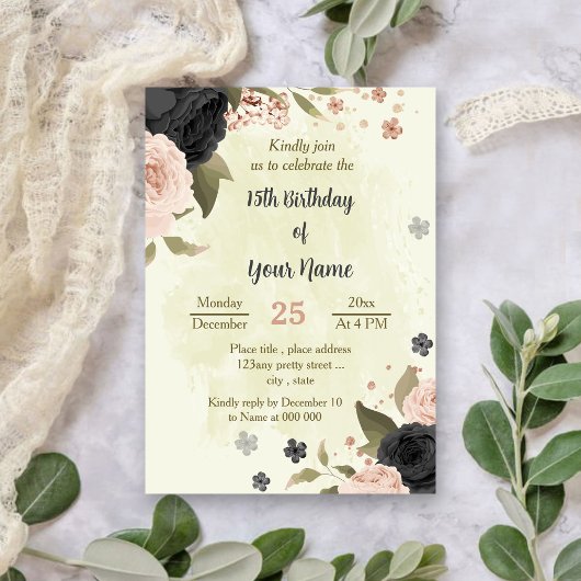 黒い赤面ピンクの花の植物誕生日 招待状