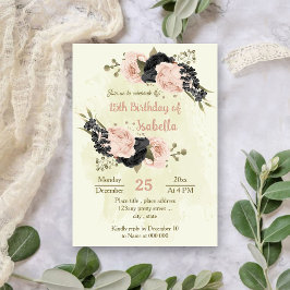 黒い赤面ピンクの花の植物誕生日 招待状