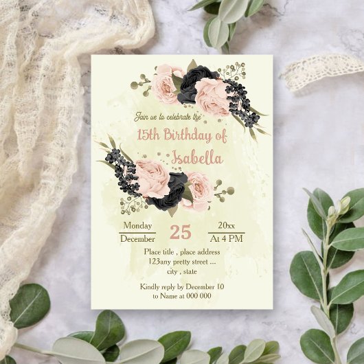 黒い赤面ピンクの花の植物誕生日 招待状