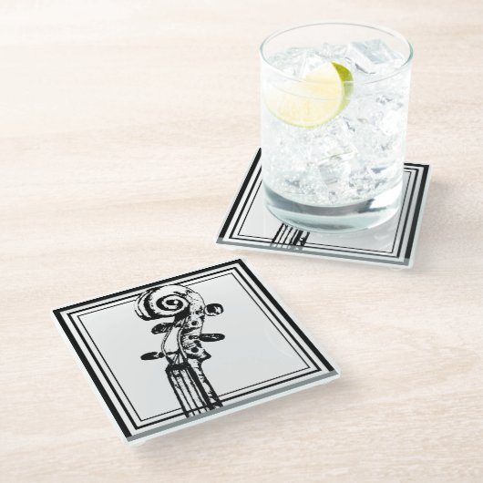 黒い輪郭を持つ白黒のバイオリンの巻物 ガラスコースター (アングル)