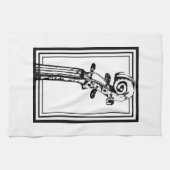 黒い輪郭を持つ白黒のバイオリンの巻物 キッチンタオル (横)