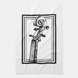 黒い輪郭を持つ白黒のバイオリンの巻物 キッチンタオル