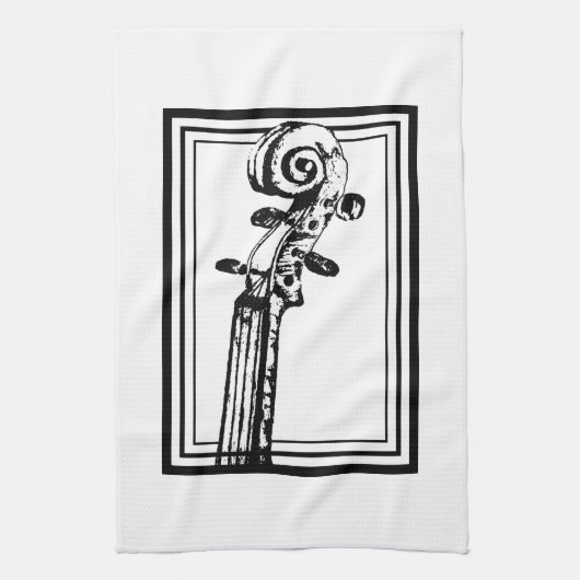 黒い輪郭を持つ白黒のバイオリンの巻物 キッチンタオル (縦)