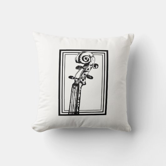 黒い輪郭を持つ白黒のバイオリンの巻物 クッション (正面)