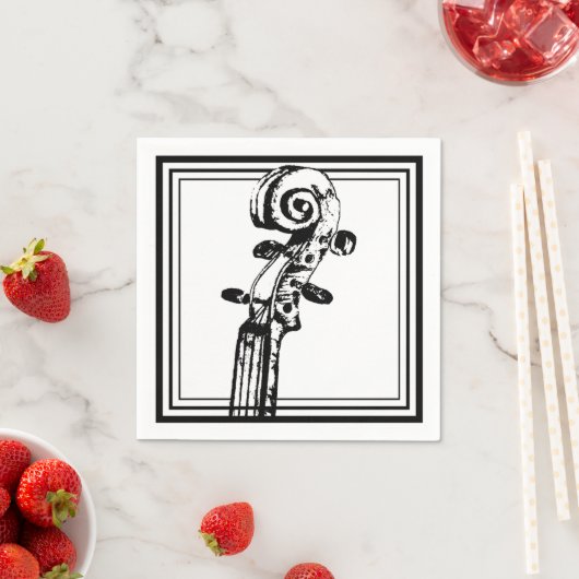 黒い輪郭を持つ白黒のバイオリンの巻物 スタンダードカクテルナプキン (インサイチュ)