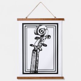黒い輪郭を持つ白黒のバイオリンの巻物 吊り下げ型タペストリー