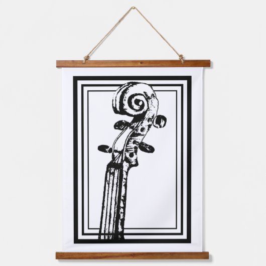 黒い輪郭を持つ白黒のバイオリンの巻物 吊り下げ型タペストリー (正面)