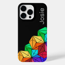 黒い追加名の上に3D Bright Rainbow Cube Triangles iPhone 14 Pro Maxケース