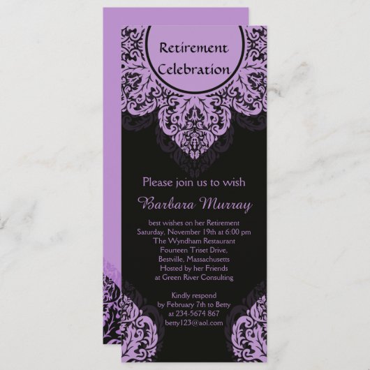 黒い退職パーティーの招待の薄紫のダマスク織 招待状 (正面/裏面)