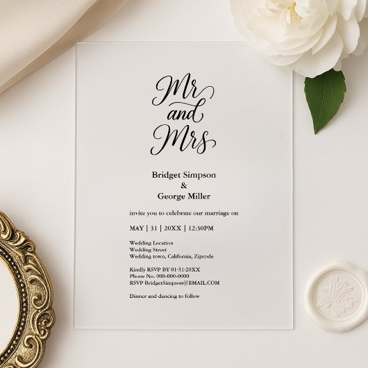 黒い透明なミスター・アンド・ミセス・エレガント・ウェディング アクリル招待状