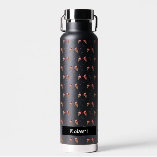 黒い透明アイスクリームパターン（名前あり） ウォーターボトル (正面)