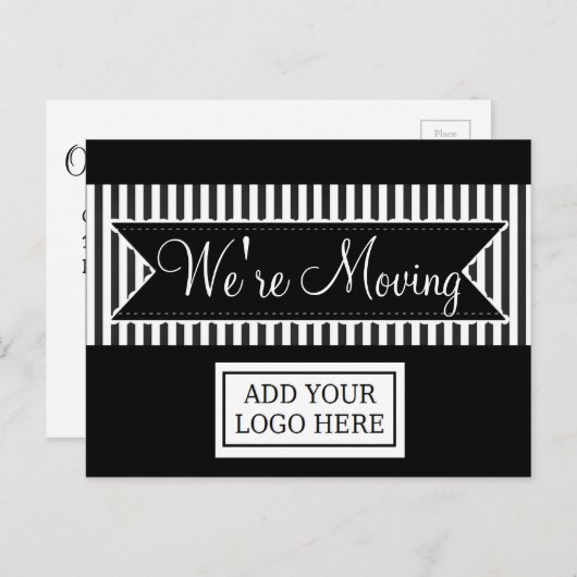 黒い通知はがきを移ストライプの動する 案内ポストカード (正面/裏面)