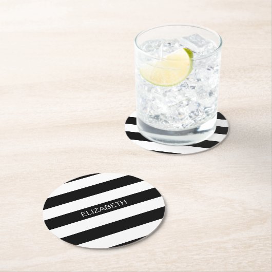 黒い重量の横名門私立校風の線ストライプ#2名前モノグラム ラウンドペーパーコースター (インサイチュ)