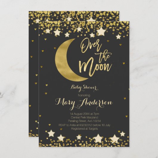 黒い金ゴールドが月の赤ん坊のシャワーを浴びる 招待状 (正面/裏面)