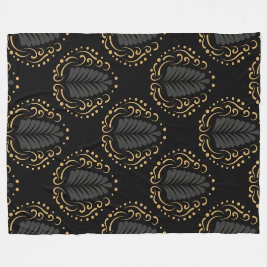 黒い金ゴールドとグレーのスタイルを適用したダマスパターン フリースブランケット (正面(横))