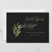 黒い金ゴールドと緑の葉のブライダルシャワー 招待状 (正面)