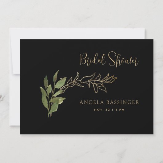 黒い金ゴールドと緑の葉のブライダルシャワー 招待状 (正面)