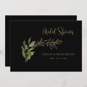 黒い金ゴールドと緑の葉のブライダルシャワー 招待状 (正面/裏面)