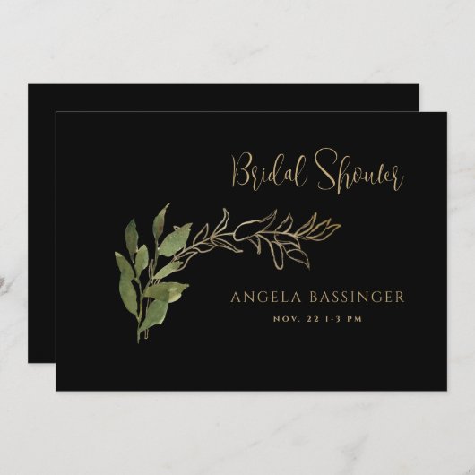 黒い金ゴールドと緑の葉のブライダルシャワー 招待状 (正面/裏面)