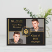 黒い金ゴールドのエレガントなモノグラム、2つの写真の卒業 案内状 (スタンド正面)