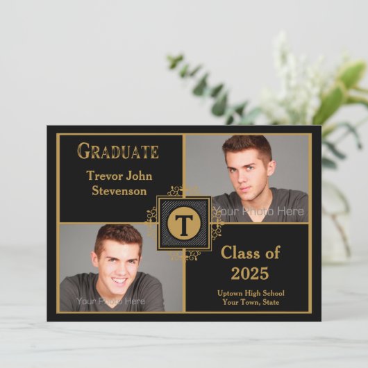 黒い金ゴールドのエレガントなモノグラム、2つの写真の卒業 案内状 (スタンド正面)
