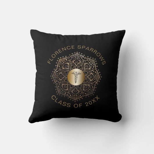 黒い金ゴールドのケリュケイオンのパーソナライズなナースの卒業 クッション (裏面)