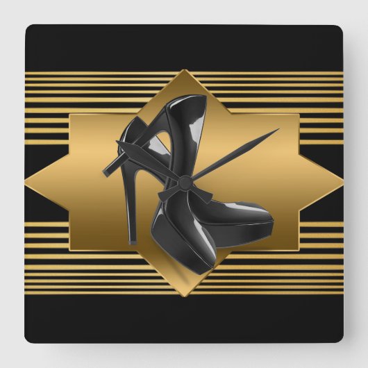 黒い金ゴールドのモノグラムのパターン及びハイヒール スクエア壁時計 (正面)
