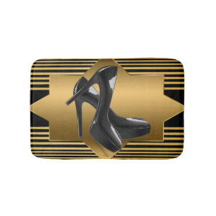 黒い金ゴールドのモノグラムのパターン及びハイヒール バスマット