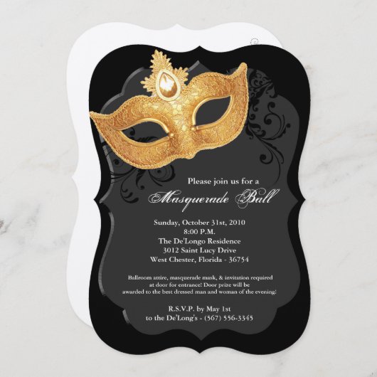 黒い金ゴールドの仮面舞踏会のマスクの衣裳ハロウィン 招待状 (正面/裏面)