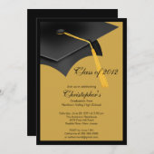 黒い金ゴールドの卒業生の帽子の卒業のパーティの招待状 招待状 (正面/裏面)