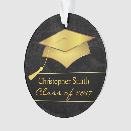 黒い金ゴールドの卒業生の帽子-卒業の写真のギフト オーナメント (正面)