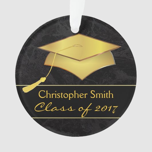 黒い金ゴールドの卒業生の帽子-卒業の写真のギフト オーナメント (正面)