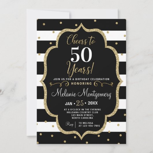 黒い金ゴールドの応援の誕生日のパーティの招待状 招待状 (正面)