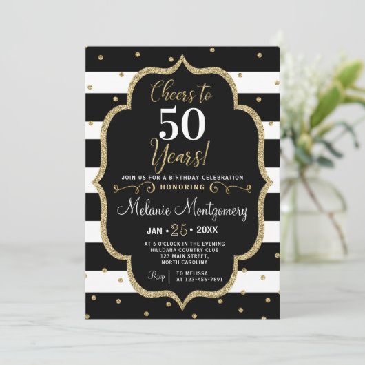 黒い金ゴールドの応援の誕生日のパーティの招待状 招待状 (スタンド正面)