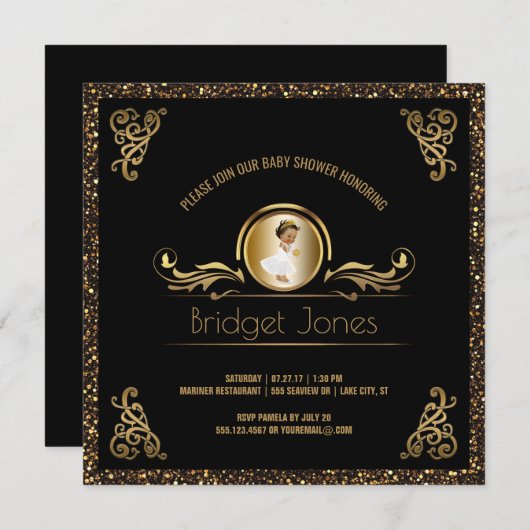 黒い金ゴールドの民族のプリンセスの女の子のベビーシャワー 招待状 (正面/裏面)