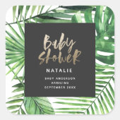 黒い金ゴールドの熱帯の葉モダンの赤ちゃんシャワー スクエアシール (正面)