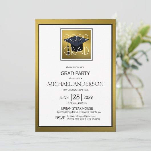 黒い金ゴールドの白い男性の卒業生の卒業パーティー 招待状 (スタンド正面)