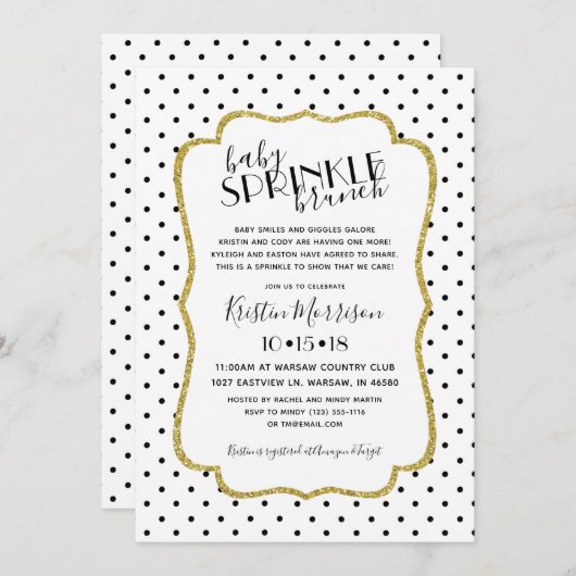 黒い金ゴールドの白人の水玉模様のベビーは招待状を振りかけます 招待状 (正面/裏面)