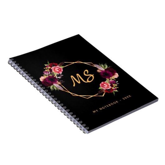 黒い金ゴールドの花ジオメトリックバーガンディーモノグラム ノートブック (右側)