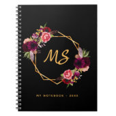 黒い金ゴールドの花ジオメトリックバーガンディーモノグラム ノートブック (正面)