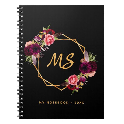 黒い金ゴールドの花ジオメトリックバーガンディーモノグラム ノートブック (正面)