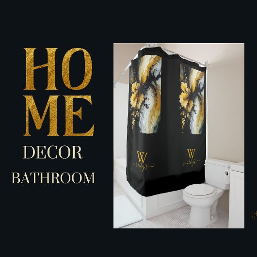 黒い金ゴールドの花大理石 シャワーカーテン