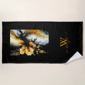 黒い金ゴールドの花大理石 ビーチタオル (正面)