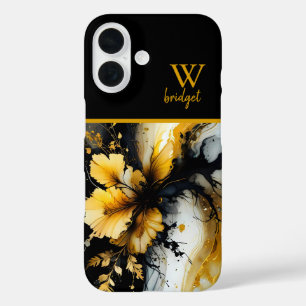黒い金ゴールドの花大理石 iPhone 16ケース