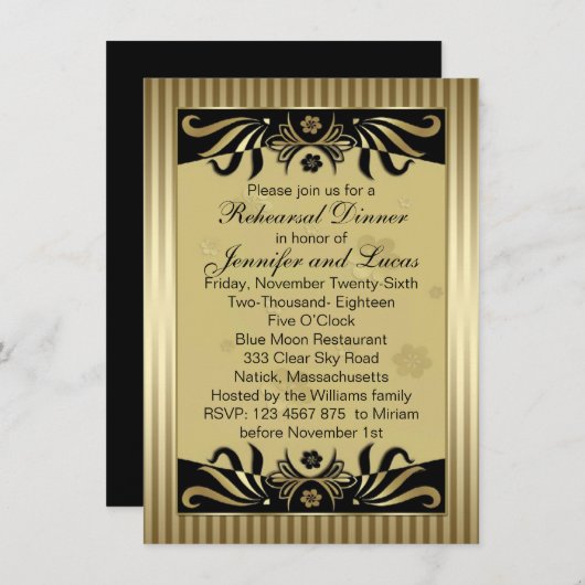 黒い金ゴールドの花柄の渦巻のリハーサルの夕食 招待状 (正面/裏面)