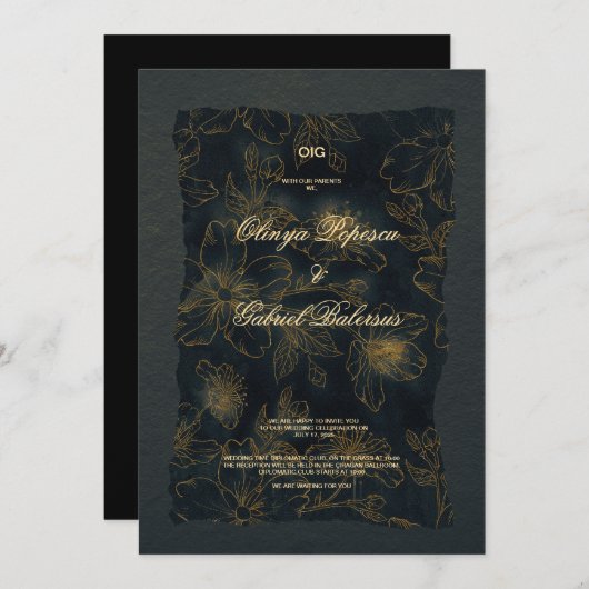 黒い金ゴールドの花、水色テクスチャ紙Wedd 招待状 (正面/裏面)
