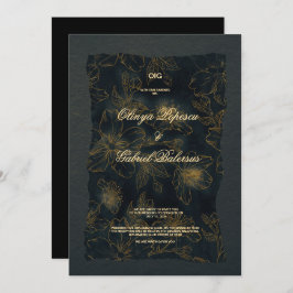 黒い金ゴールドの花、水色テクスチャ紙Wedd 招待状