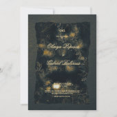 黒い金ゴールドの花、水色テクスチャ紙Wedd 招待状 (正面)